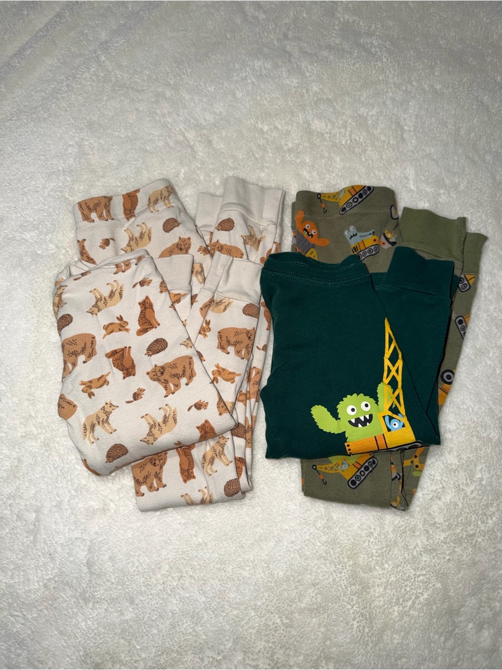 2 Two-Piece PJ’s in Cream(woodland) & Dark Green(monster)